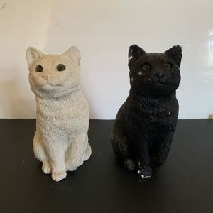 Stone White & Black Cat Figurine Green Glass Eyes Obsidian Stone